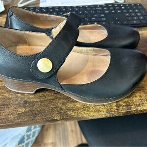 Dansko Black Leather Mary Jane Clogs with Gold Button